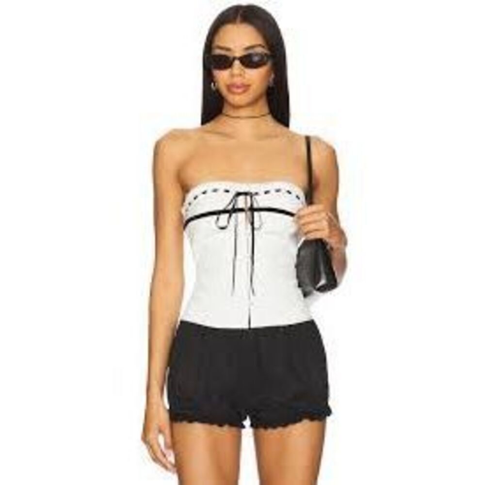 White Eyelet Black ribbon corset crop top small